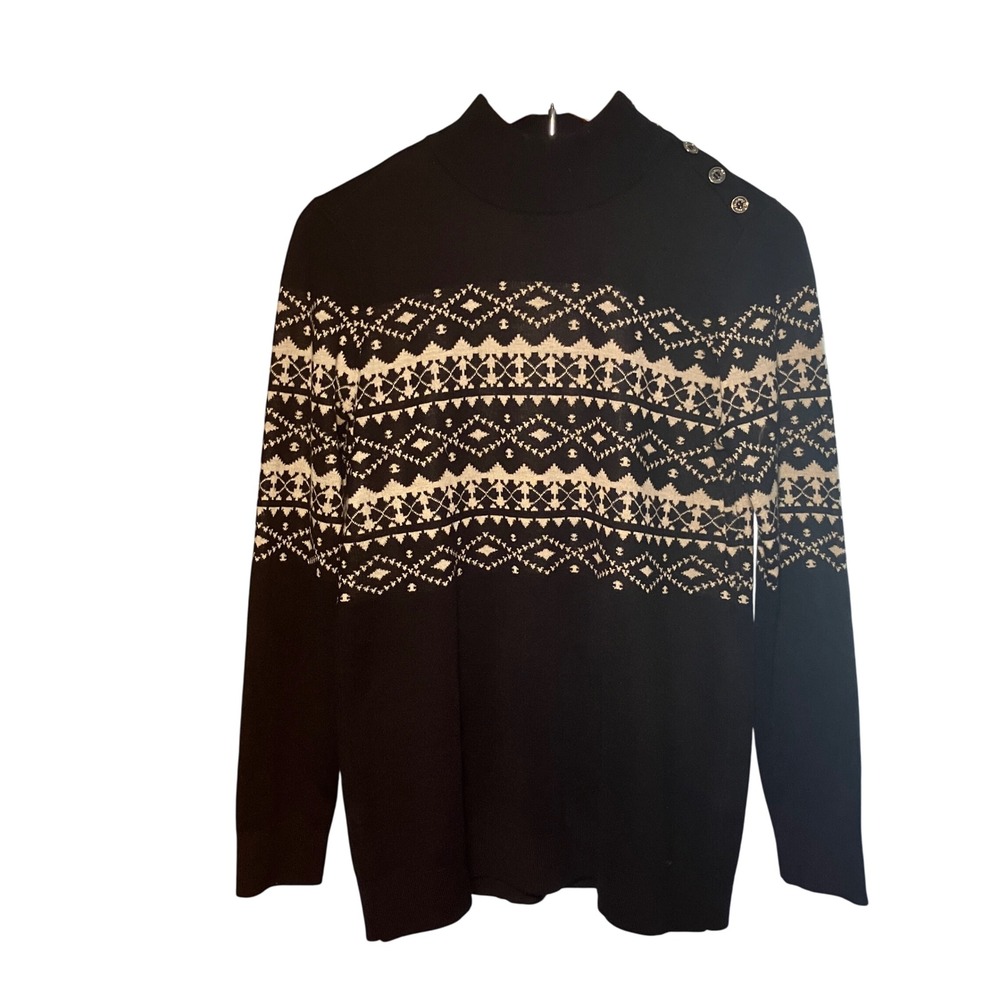 Calvin Klein Womens Size M Black Fair Isle Mock Neck Button Detail Sweater